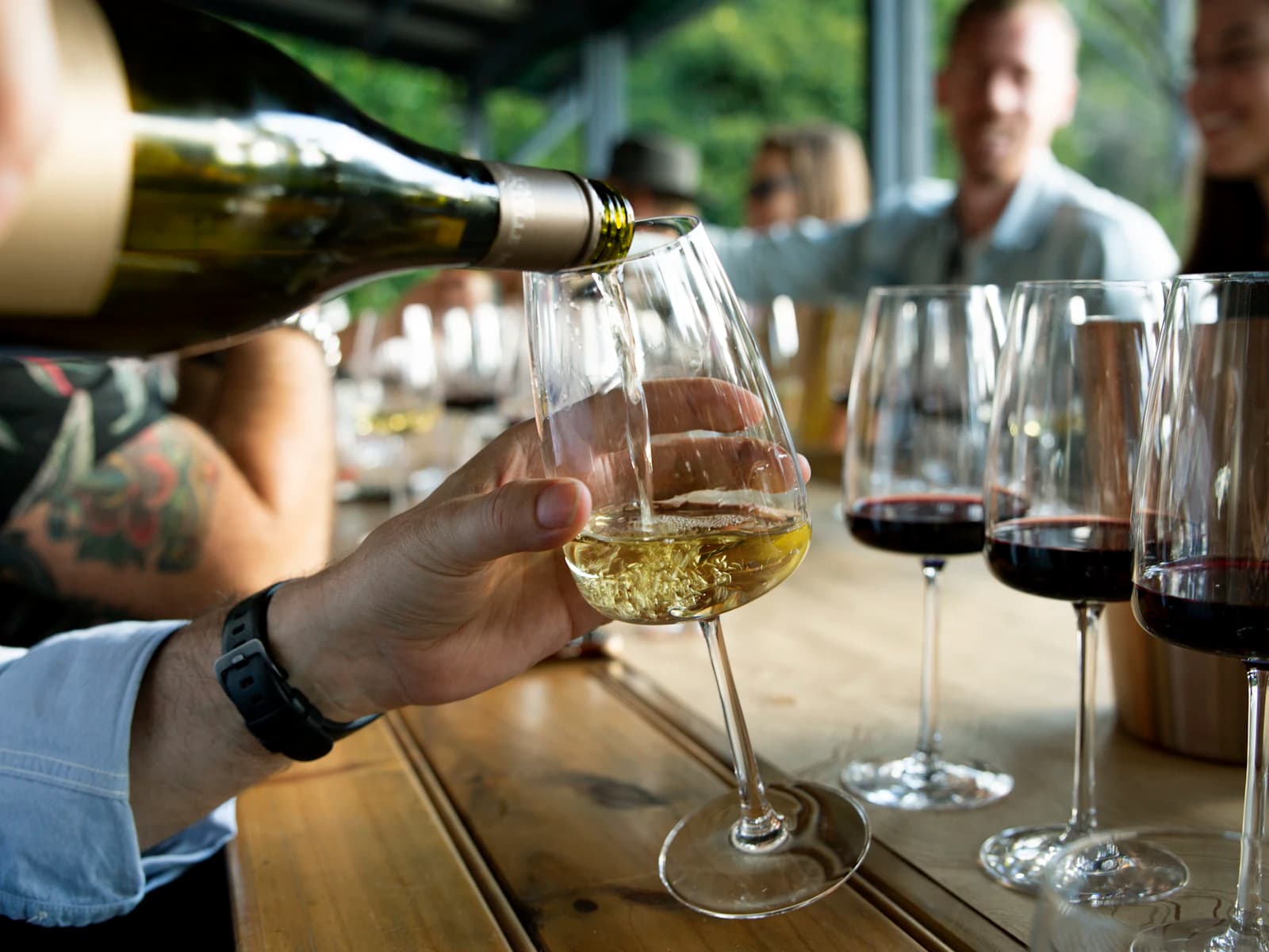 Degustazione guidata con più calici in fila, prenotata comodamente in cantina